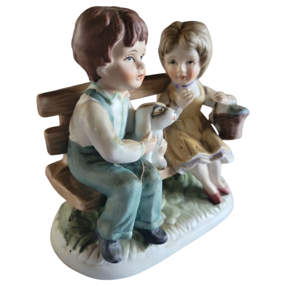 Vtg Boy Girl Puppy Dog Park Bench Bisque Porcelain Figurine Statue Cameo Korea